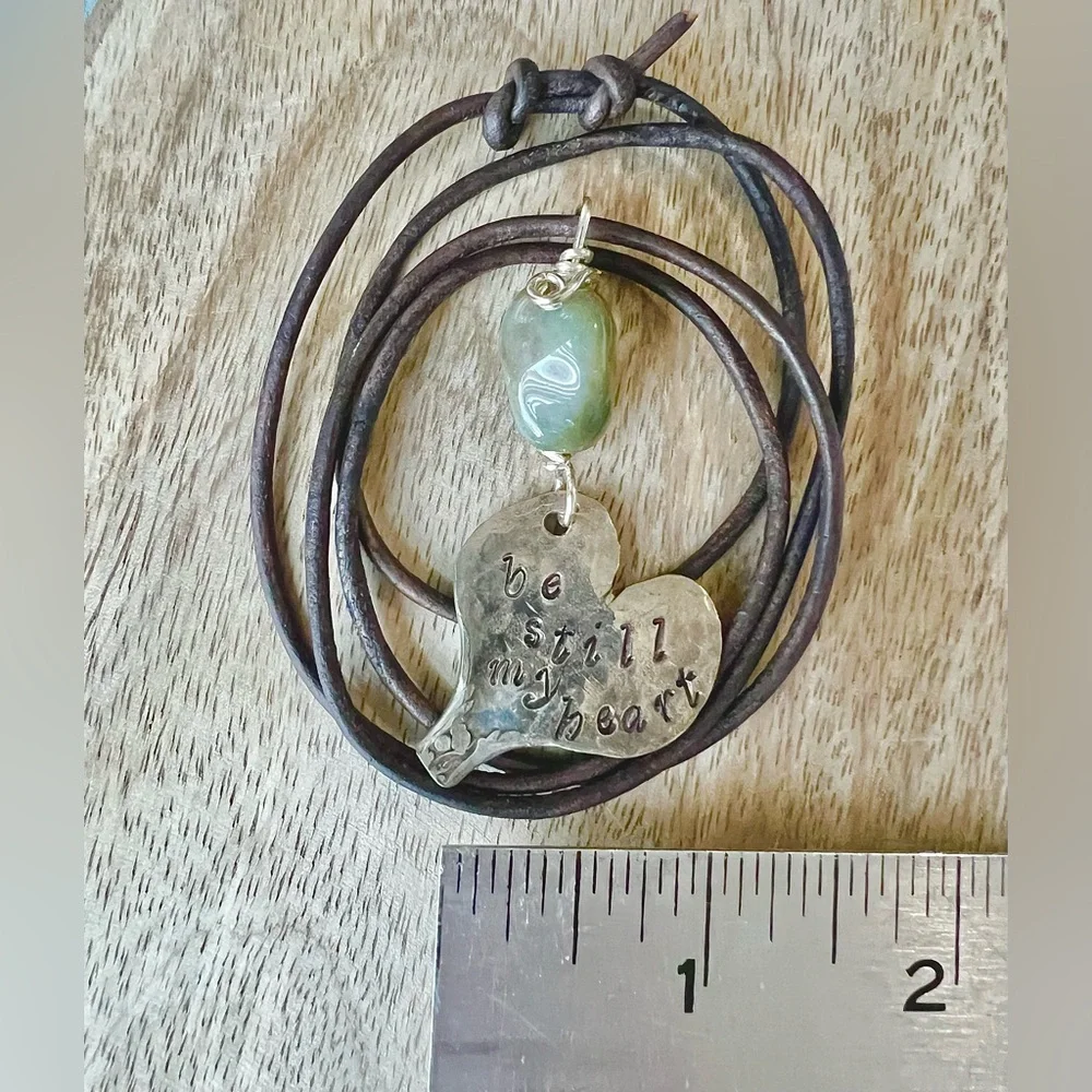 Handmade Vintage Spoon Heart Green Moss Agate Stone Necklace. Adjustable Length